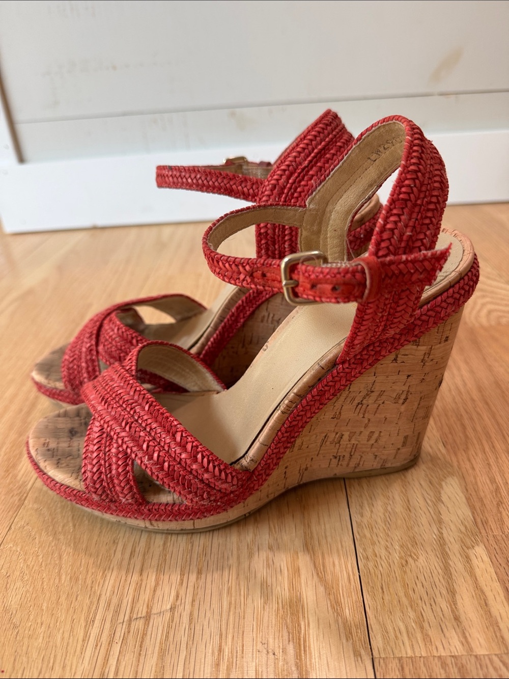 Stuart Weitzman Red Woven Cork Wedge Sandals - Picture 9 of 9